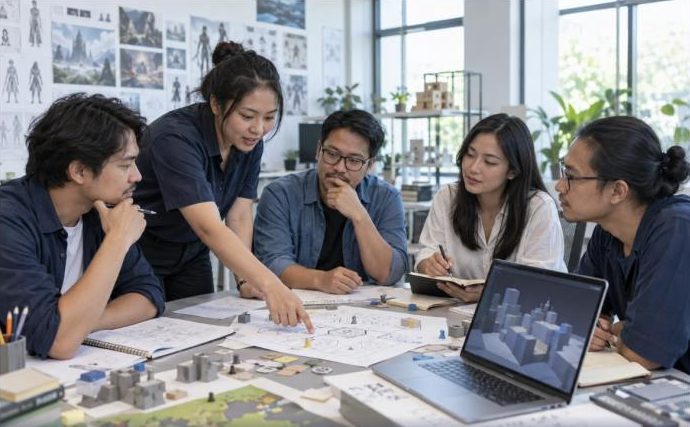 Researchers around a table of game prototypes